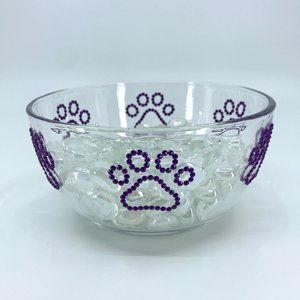 Dog, cat, pet medium water, food glass bowl. Purple paws.